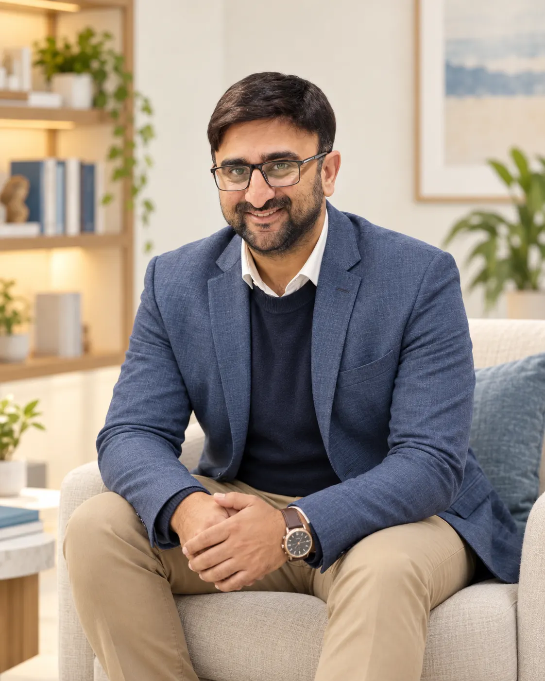 Zain Haider smiling, seated in a bright, calm consulting room